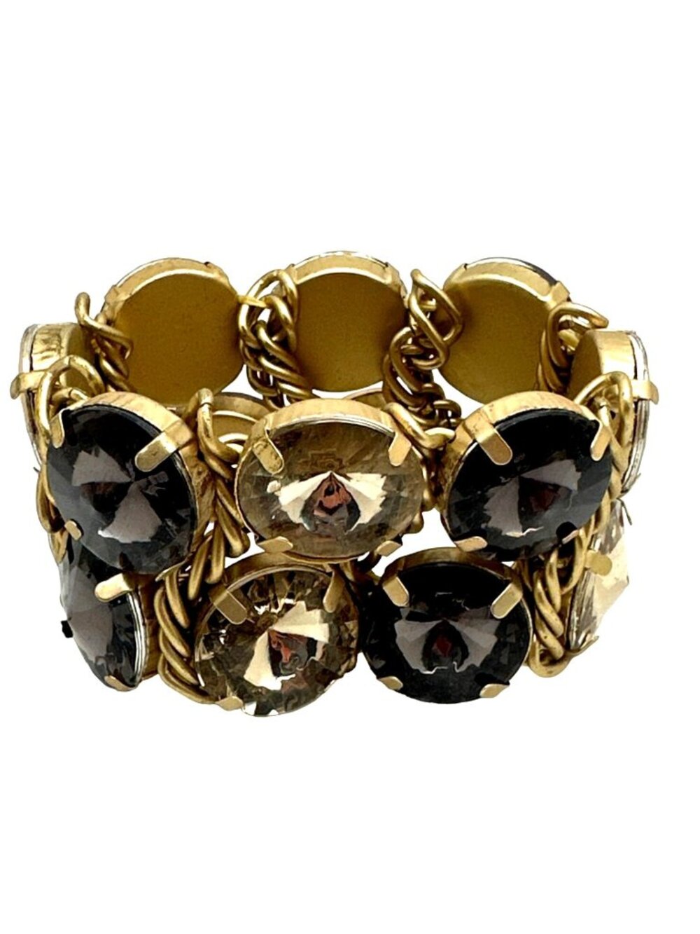 Vintage Statement Chunky Rhinestone Bracelet Stretch Clear Smoky Gold-Tone 80s